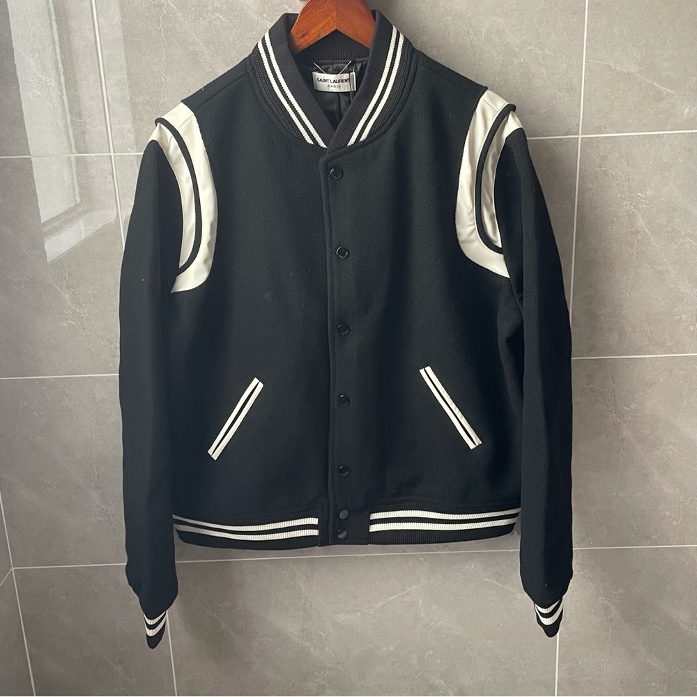 Saint Laurent Black and White Varsity Bomber Jacket